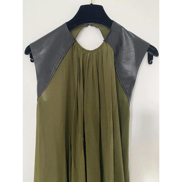 ALEXIS Olive Green Open Back Black Leather Inset Maxi Silk Dress Gown XSmall - Picture 6 of 9